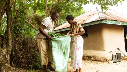  Brian Otieno assists his wife, Yvonne Otieno, in packing kale in a sack for weighing in Kenya.